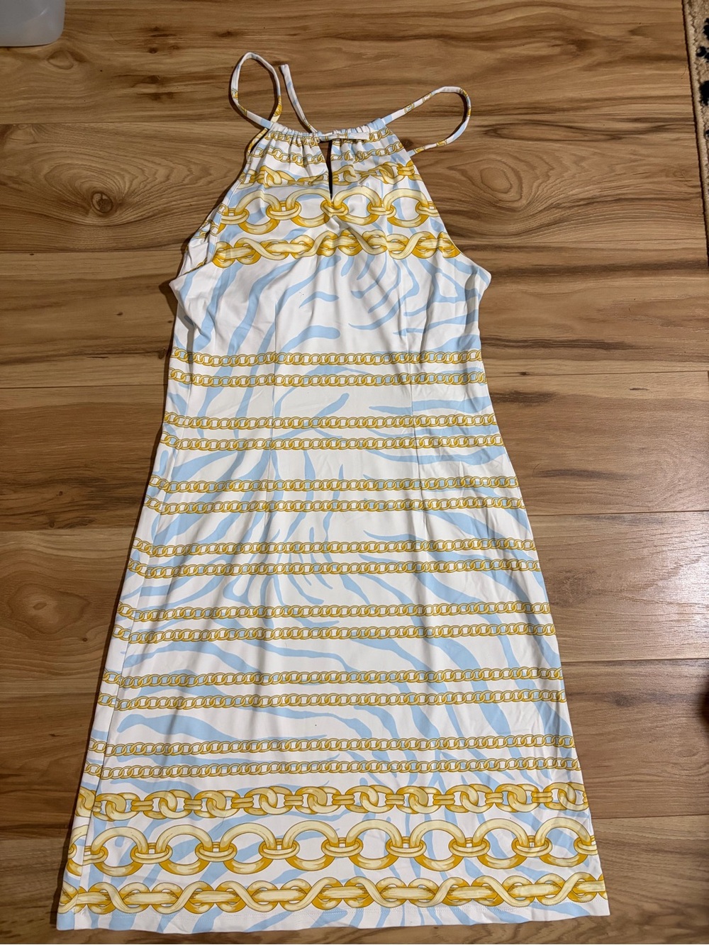 J. McLaughlin Blue White Gold Chain-Print Top - Picture 2 of 3
